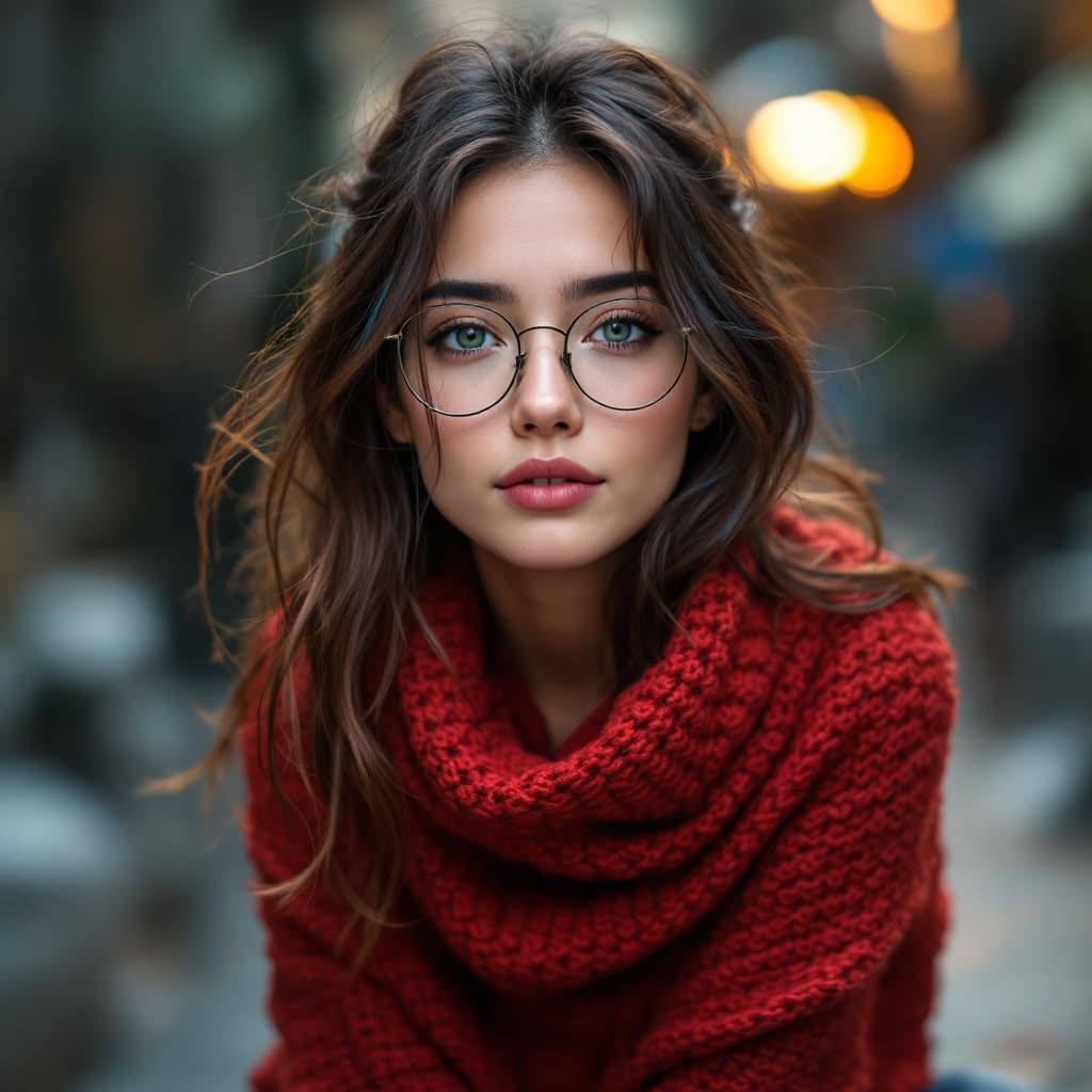 AI generated: a Japanese  women, a girl, brown hair with blue highlights, green eyes, glasses, wearing a red knitt...