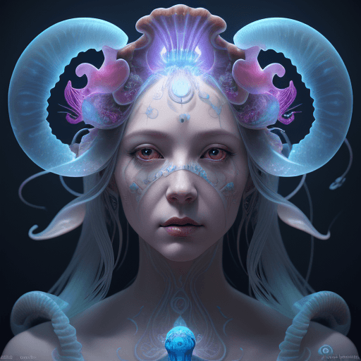 AI generated: Goddess close-up portrait ribcagel. jellyfish phoenix head, nautilus, orchid, skull, betta fish, bio...