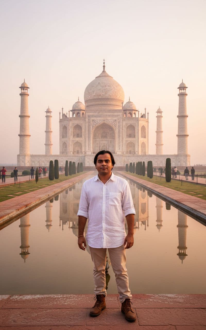 AI generated:  wide-angle shot of the Taj Mahal at sunrise, a man front of taj mahal, some people behind his  wear...