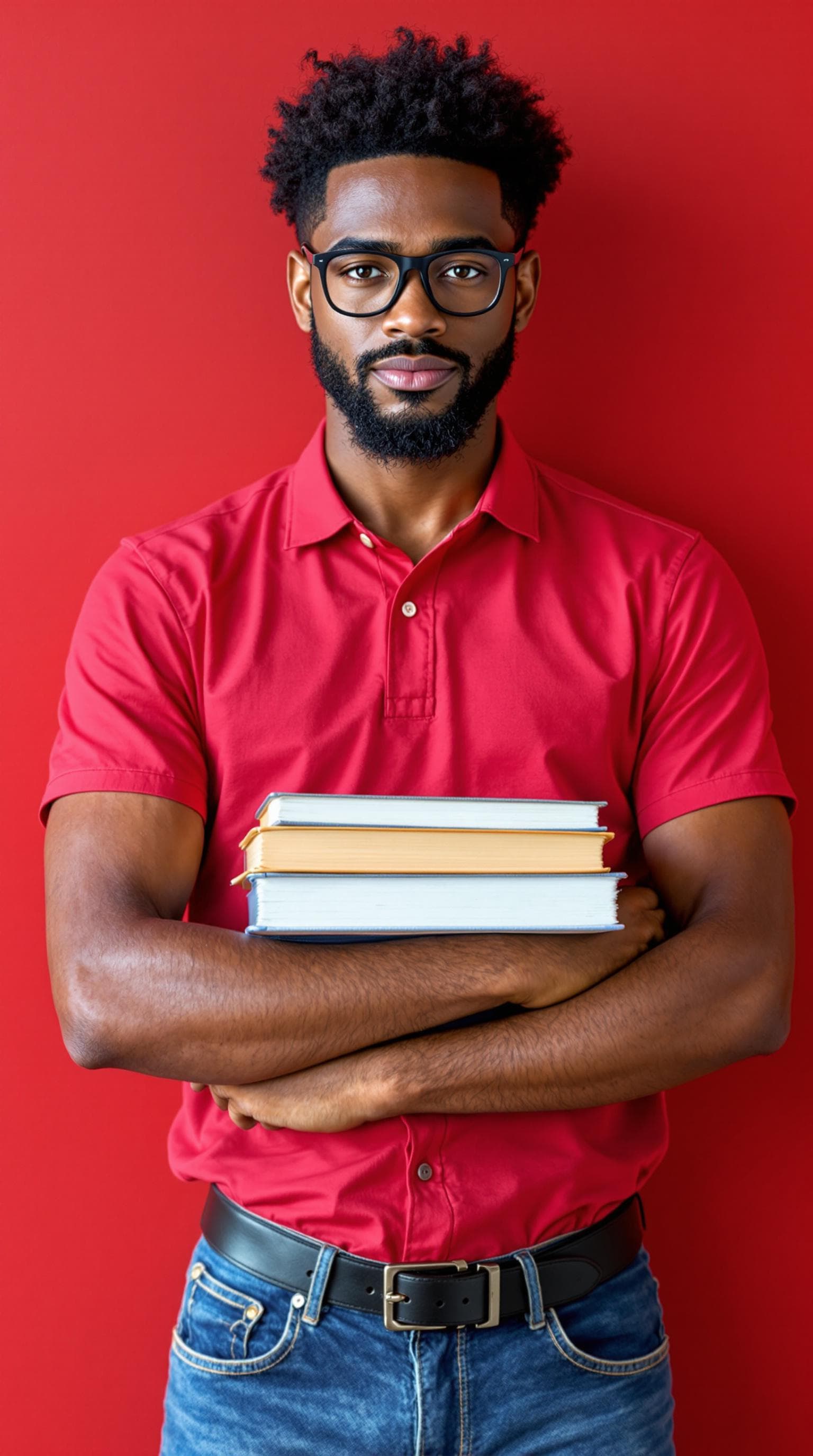 AI generated: 26 yo  African American man with light brown eyes and glasses in the face and holding books and shor...