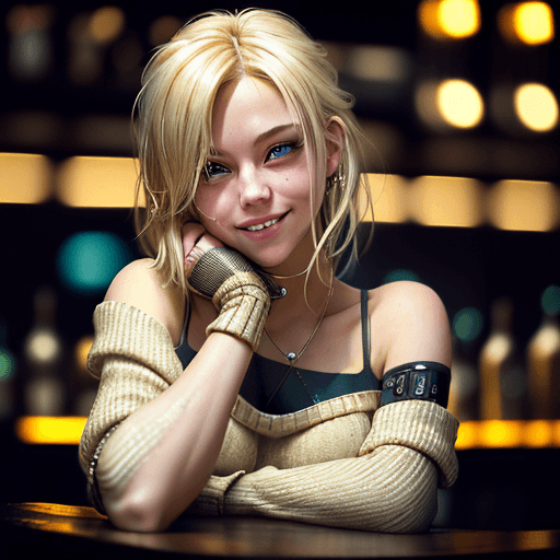 AI generated: A beautiful girl with light blonde hair in a sagging, revealing, open sweater is leaning on the coun...