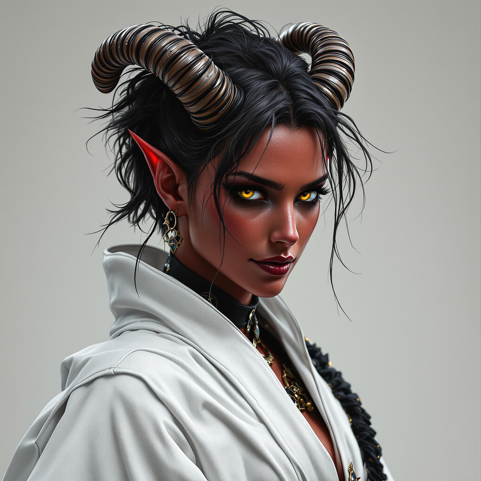 AI generated: ultra realistic female warlock, wearing white komono robe!!! short dark asymmetric messy hairdo!! re...