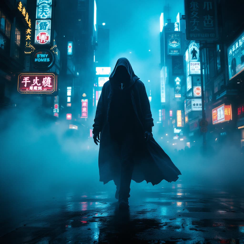 AI generated: A mysterious phantom figure walking through neon-lit fog, a shadow dissolving into the night. A lone...