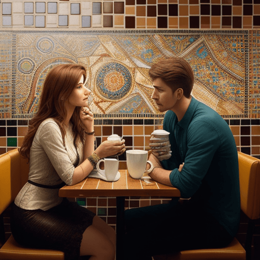 AI generated: A man and a woman drinking coffee in a coffee shop against a background of large colorful mosaic art...