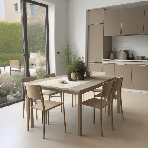 AI generated: une grande cuisine avec un ensemble de cuisine beige et ocre, sol en marbre beige, murs en plâtre gr...