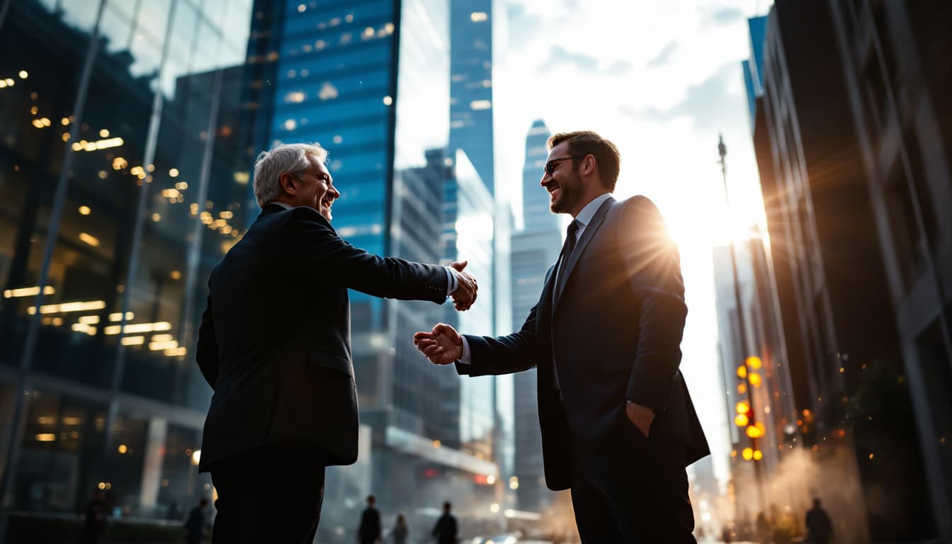 AI generated: 
Dramatic scene of two clients celebrating success, two people shaking hands, commercial building sc...