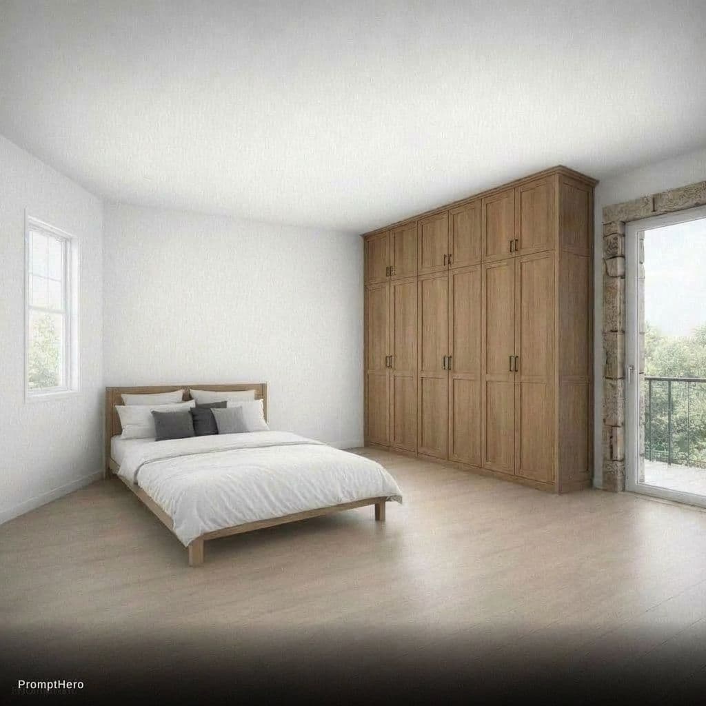 AI generated: haz que la cama esté en la pared de la izquierda, elimina la imagen. 