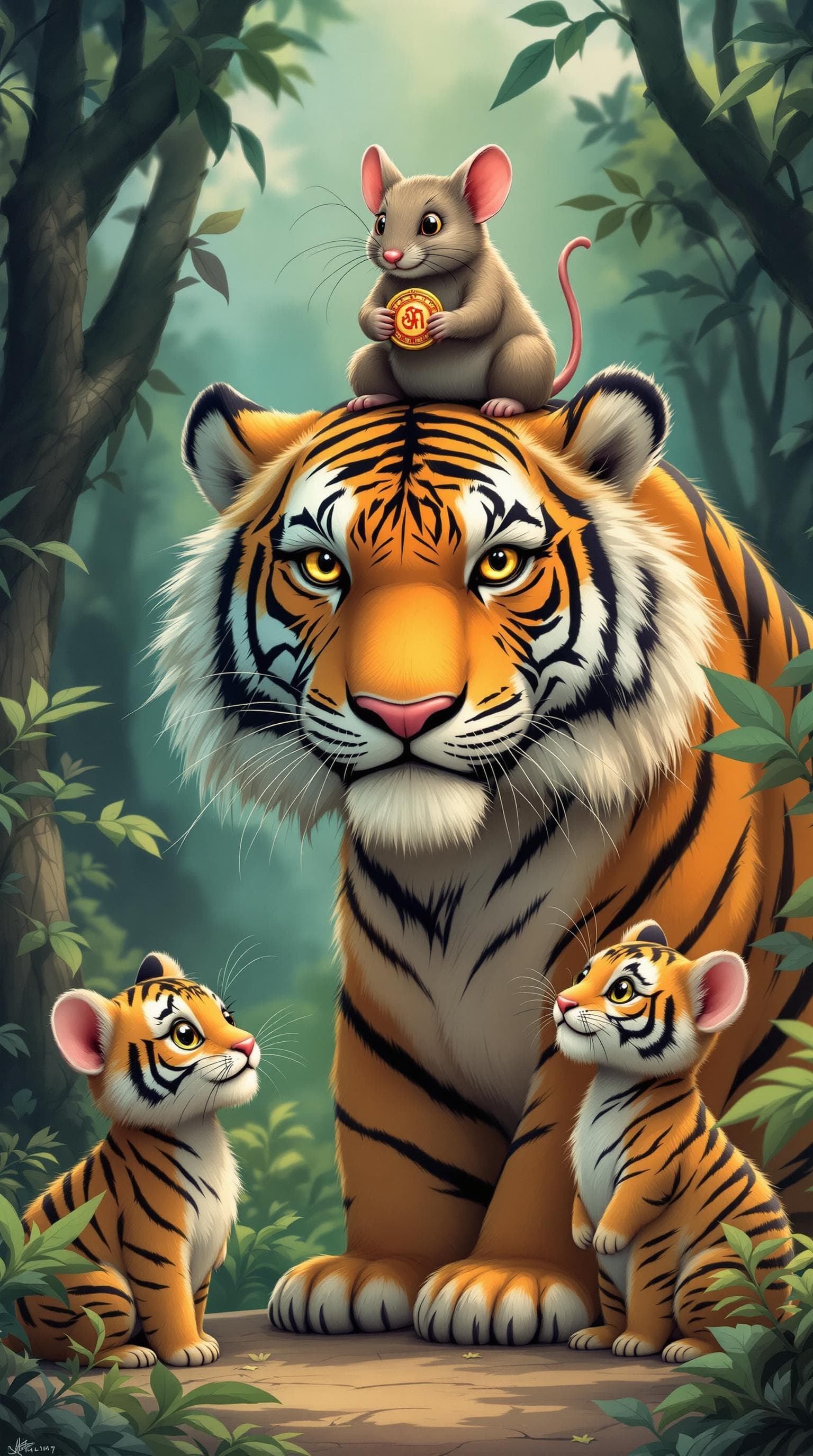 AI generated: a tiger and two tiger cubs, and a oversized mouse ,with a mouse on the tiger's head, the mouse holdi...