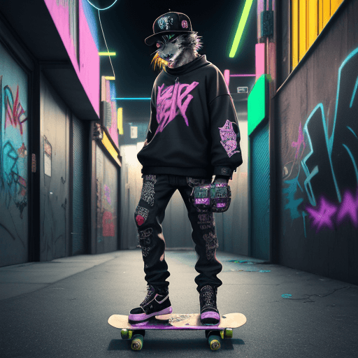 AI generated: Cyberpunk style, a cat standing on a skateboard, wearing a backwards baseball cap and holding a boom...