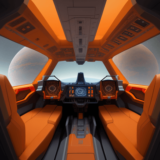 AI generated: general view of the interior of a spaceship with some windows to observe, planet mars outside, insid...