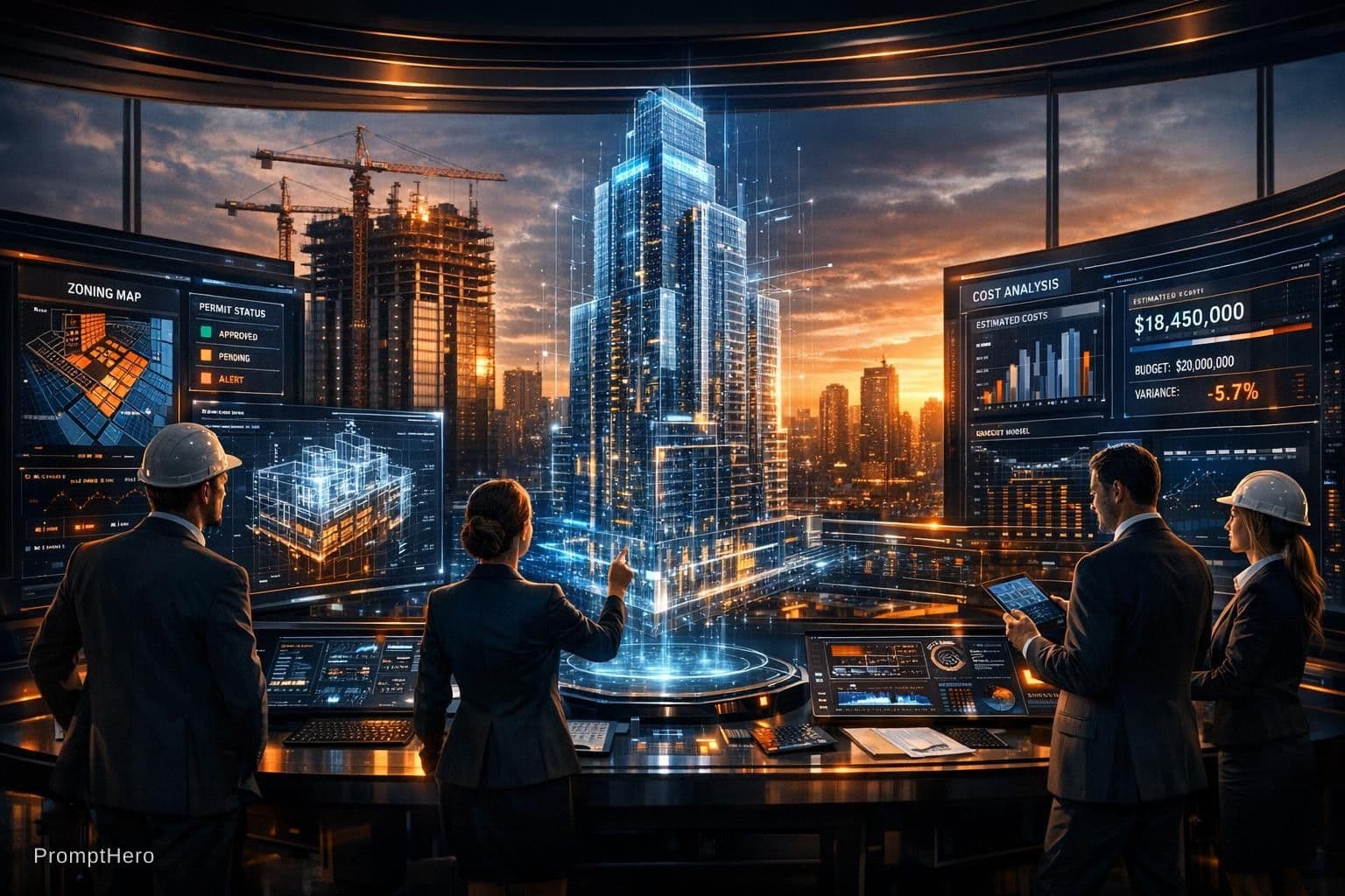AI generated: Ultra-premium hero image for a cutting-edge AI construction management platform app. A dramatic cine...