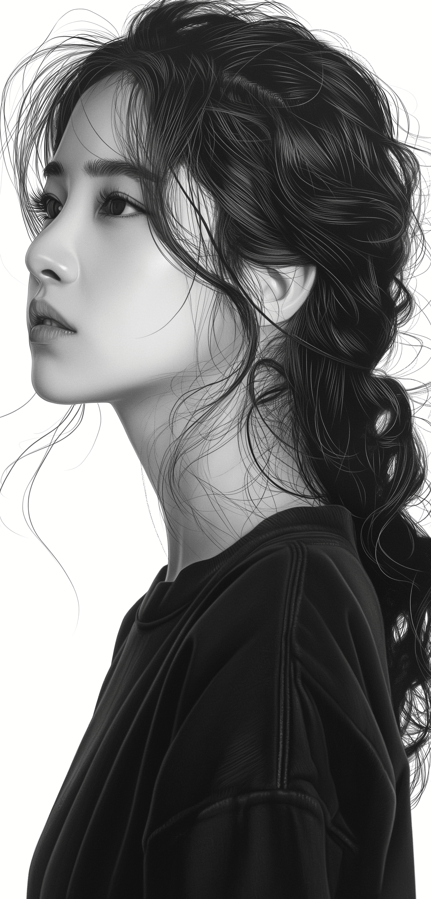 AI generated: Realistic black and white sketch of a beautiful Japanese woman, white background --ar 61:128 --styli...