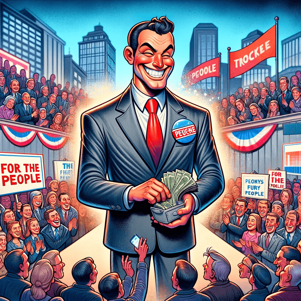 AI generated: A cartoon-style digital illustration of a generic politician standing in front of a crowd. The polit...