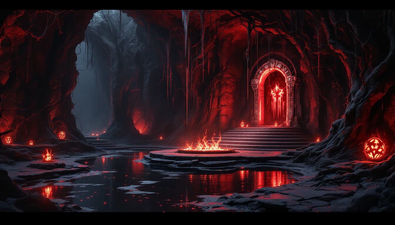 AI generated: Dark fantasy dungeon, black still water, glowing red runes, frozen fire altar, dripping poison webs,...