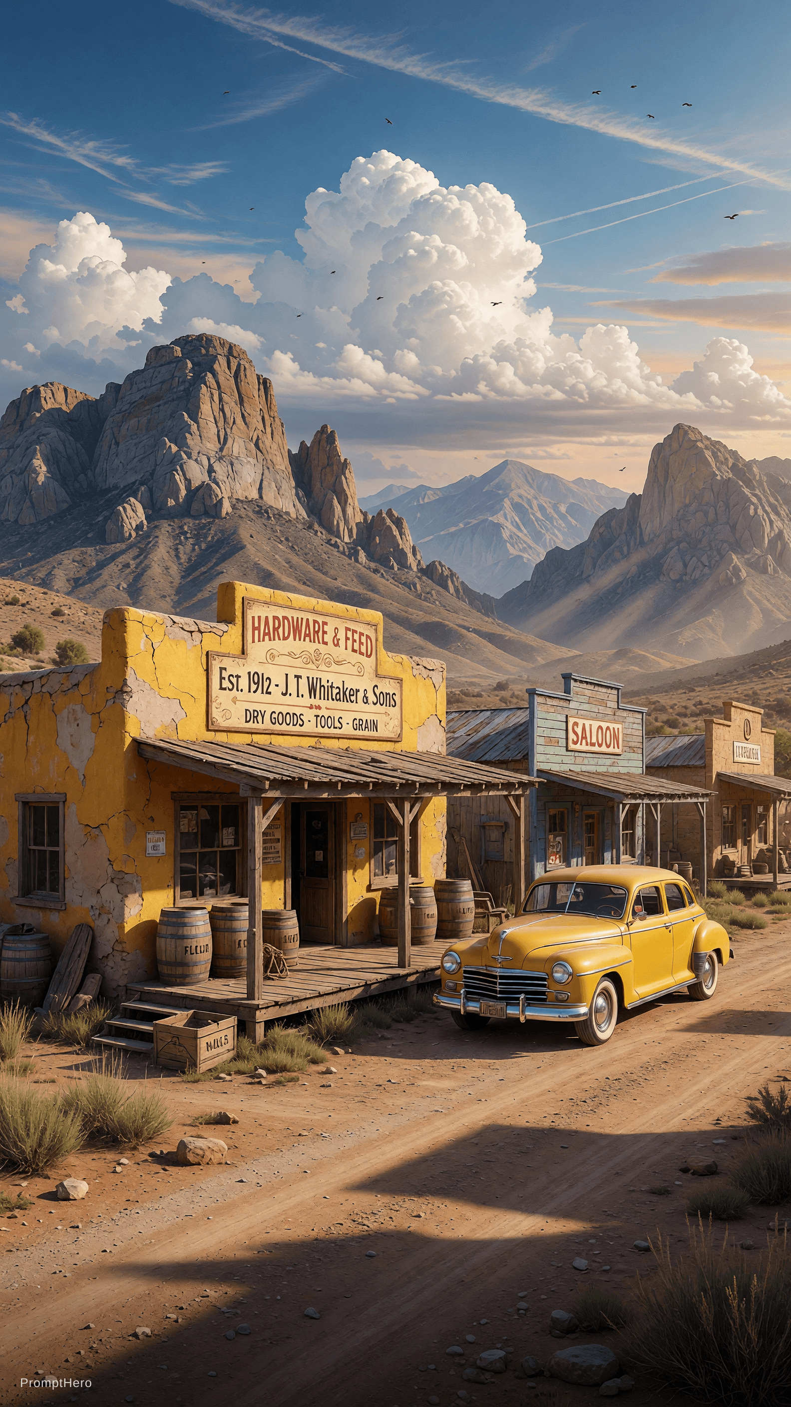 AI generated: A cinematic frontier town in a vast arid landscape, featuring a weathered mustard-yellow adobe store...