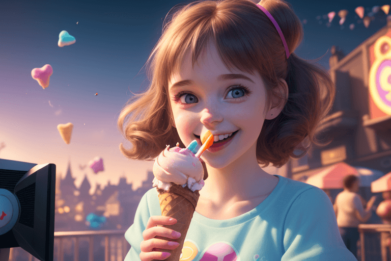 AI generated: cute, adorable, smiling girl eating ice cream, candies flying all around her, Pixar, disnet, cinema ...