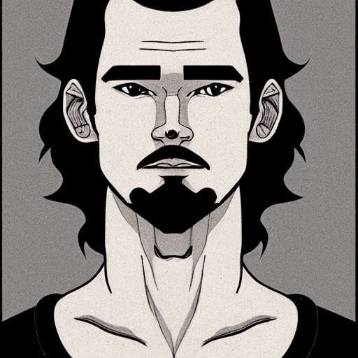 AI generated: young man with long face, with clean shaven short beard, with dark hair, without hat, without glasse...