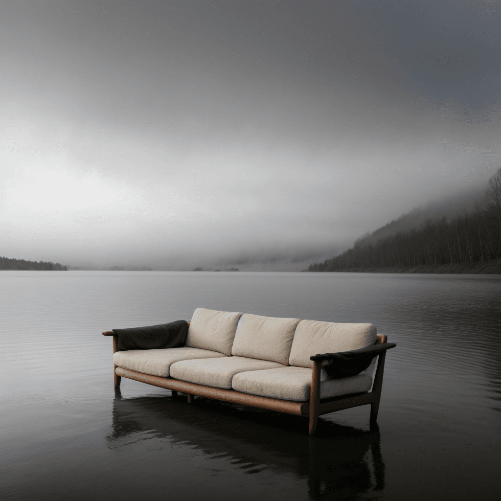 AI generated: uhd, cinematic still of a Photo of a broken big sofa sticking out of the lake, fog mads berg, design...