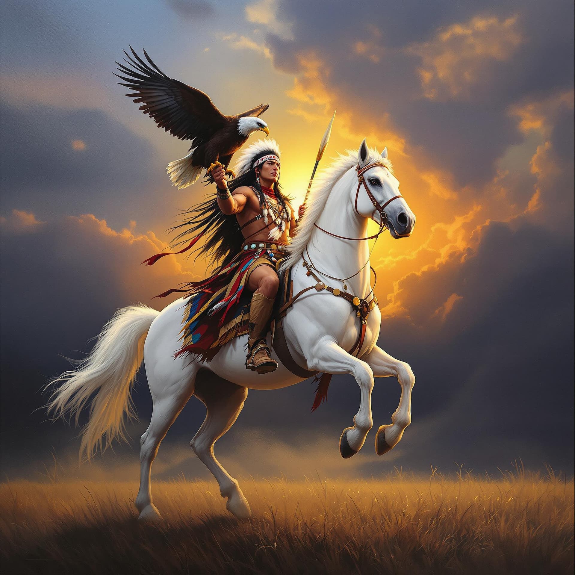 AI generated: an oil color painting of Native American Indian chief on a wild white stallion horse, wearing tradit...