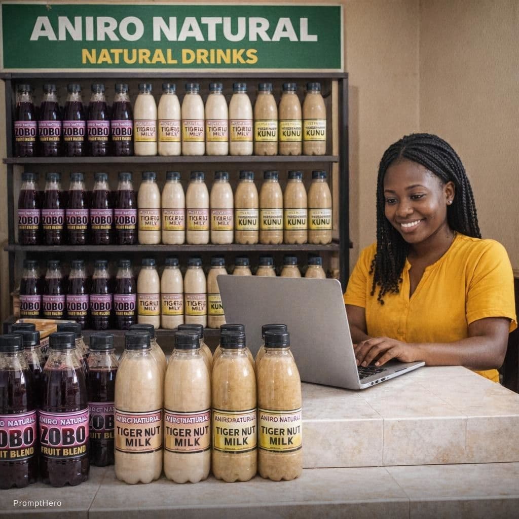 AI generated: A Nigeria natural drink shop named Aniro Natural with Zobo drink , Tiger nut milk and Kunu drink sto...