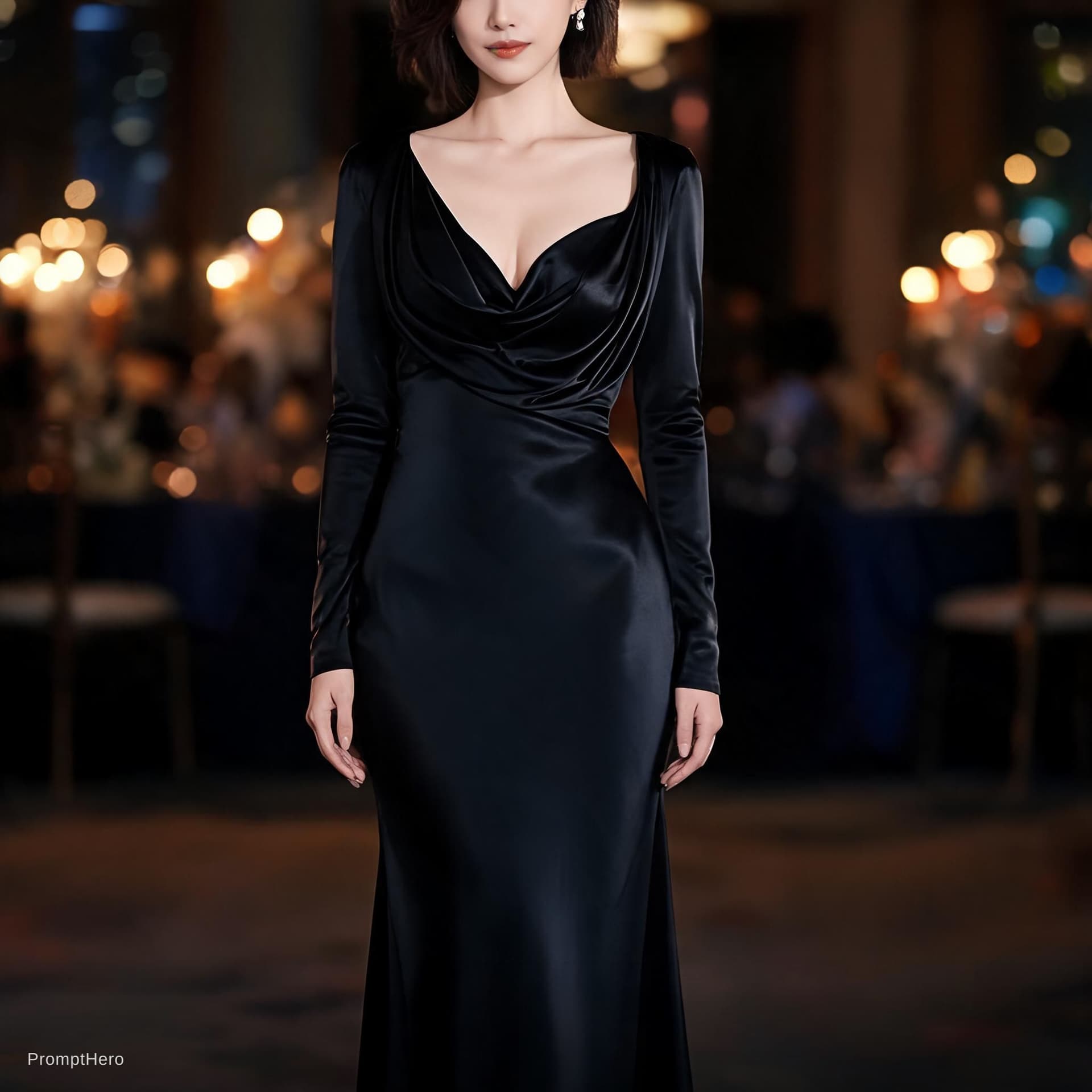AI generated: black evening downblouse dress