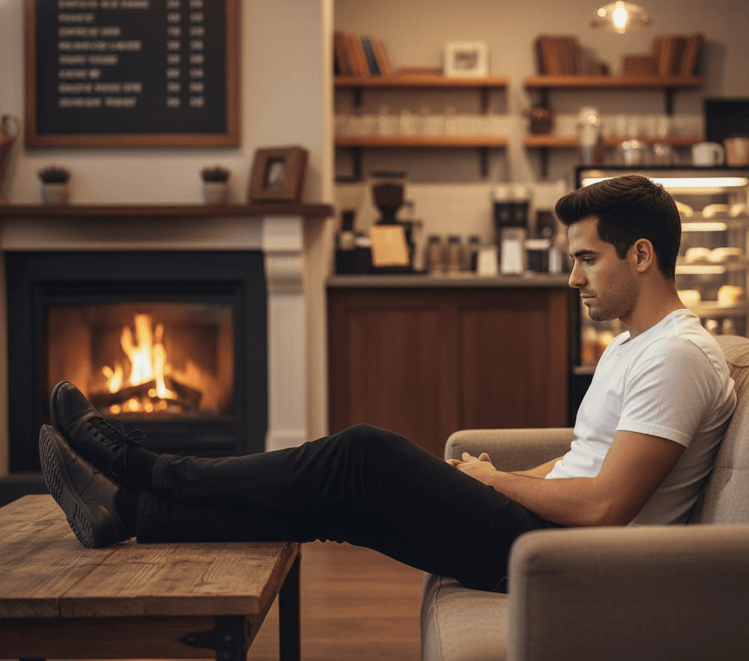 AI generated: Male Hispanic barista 5'2" tall, at a warm coffee shop seated at a cozy couch at the coffee shop nex...