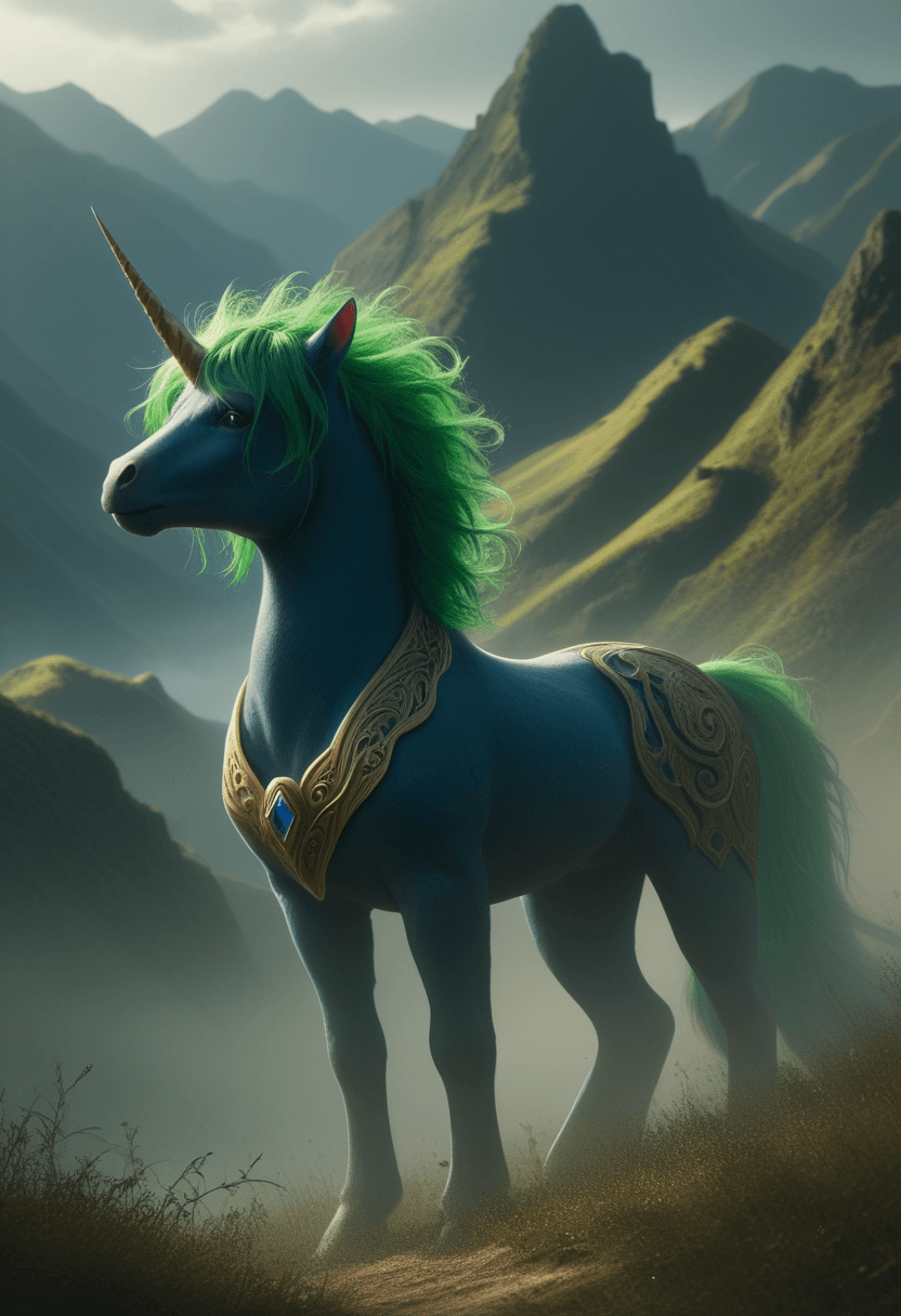 AI generated: Strong alicorn,dark blue hair with green mane and tail,dynamic colors,fantasy landscape setting,high...