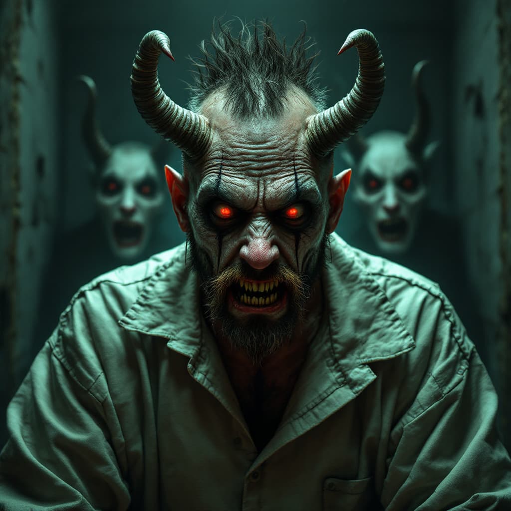 AI generated: close-up portrait of a crazy man, in straight jacket locked in a padded room with demons coming from...