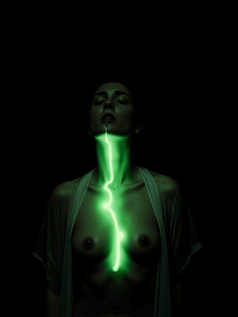 AI generated: A woman stands still in the dim light, her head tilted slightly as a small, ornate vial of poison is...