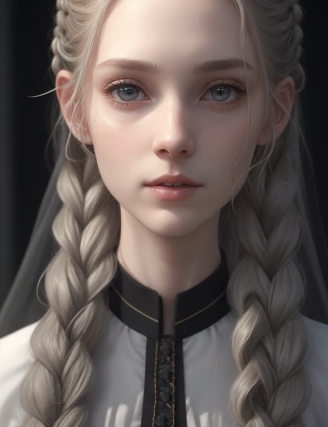 AI generated: wed_ad_2, ((skinny)), ((pale skin)), balance, (((bright))), light on face, ((2 braids hair)), (((nat...