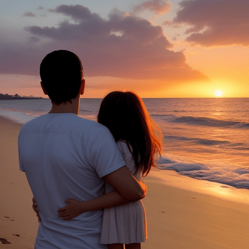 AI generated: Una pareja mirando el atardecer en la playa con su hija
