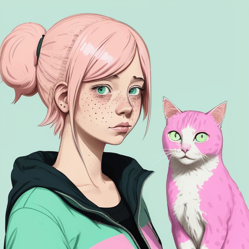 AI generated: An illustration of a quirky girl with pink hair, in the style of Flat shading, Gemma Correll, with f...