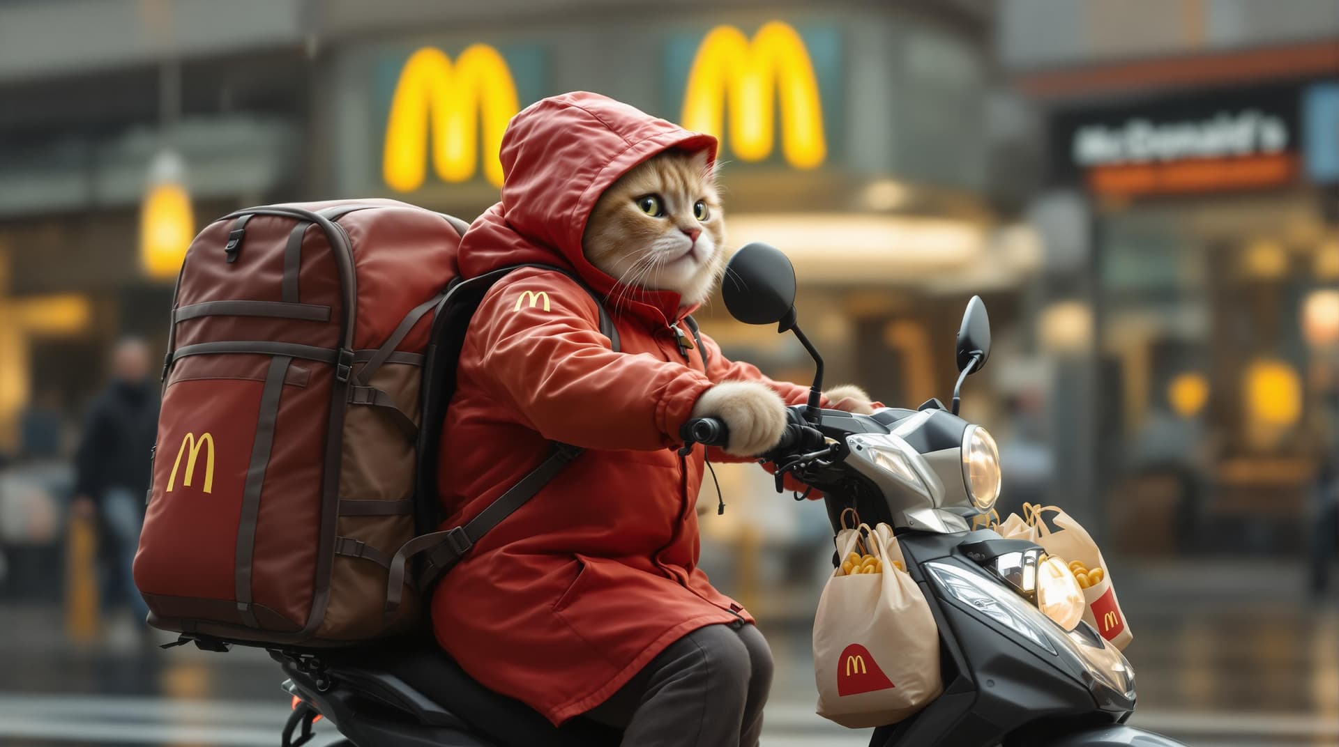AI generated: Photography, realistic, a cute cat wearing a McDonald's delivery uniformis riding an electric scoote...