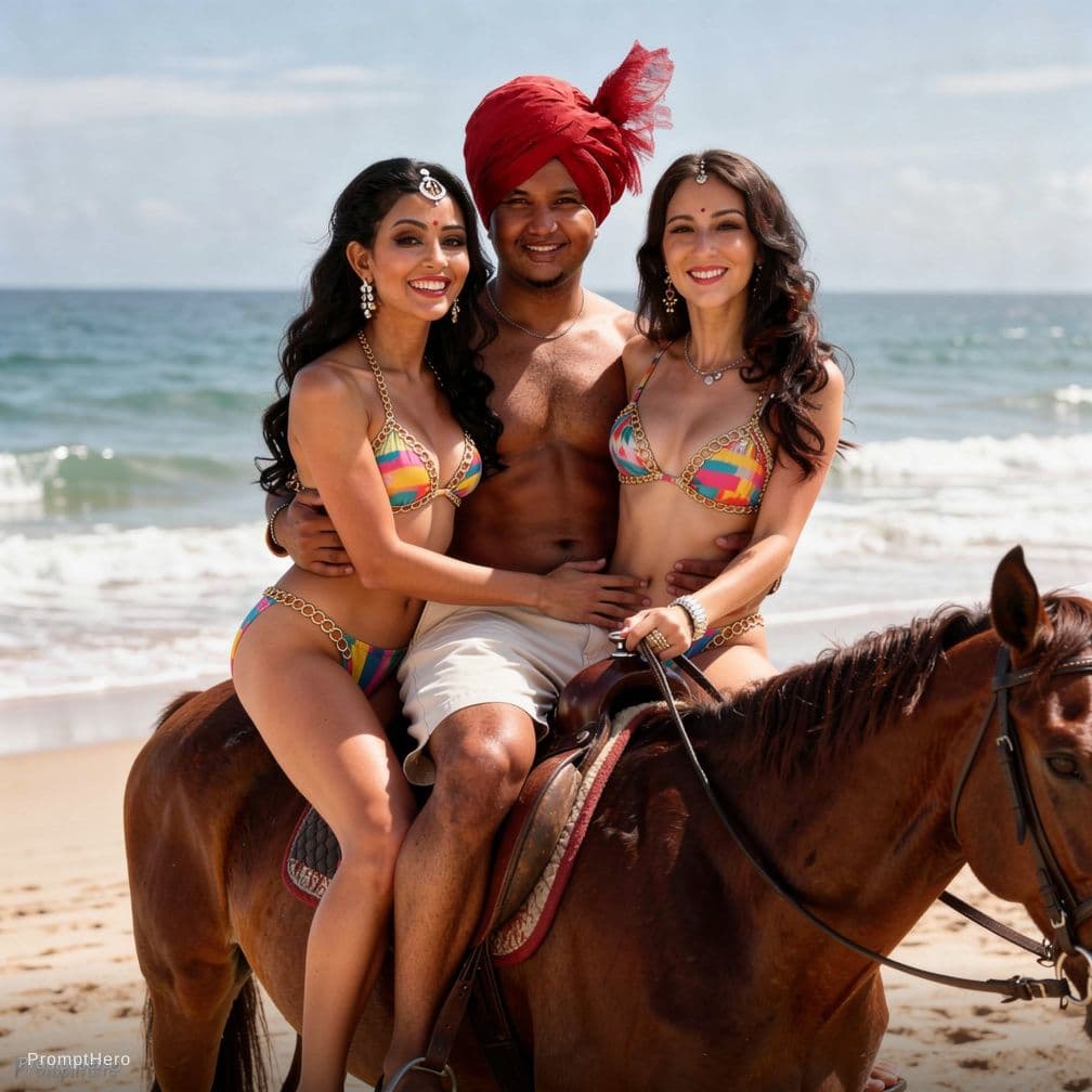AI generated: Three people riding on a single horse man seat between two girls and hold her tightly girls in bikin...