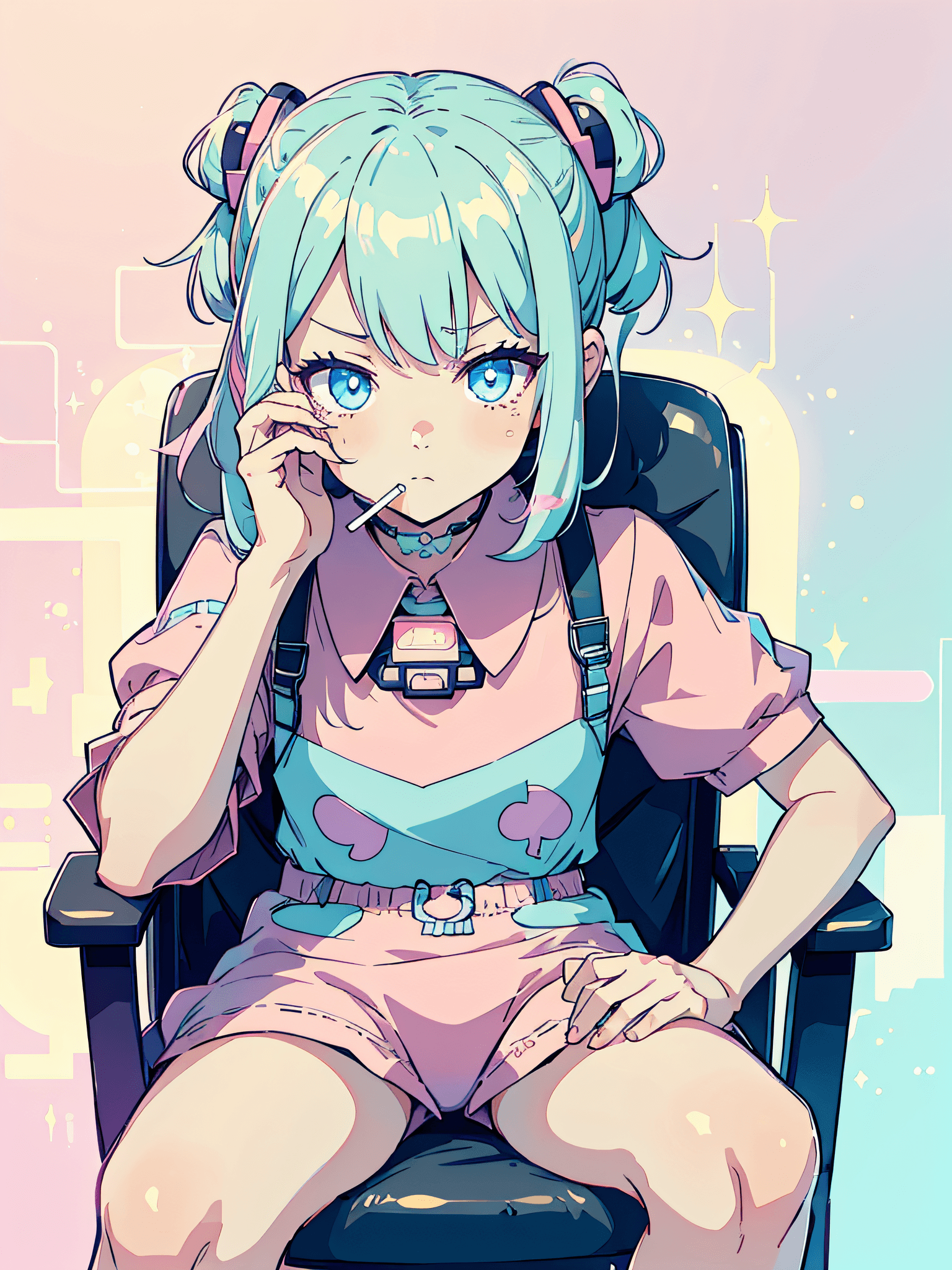 AI generated: best quality,(1girl, solo, child), kawaiitech, smoking, slumped in chair, pastel clothes, frown, smo...