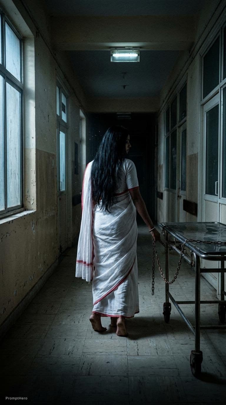 AI generated: Back view of Indian nurse in white saree, long black open hair, standing in hospital corridor, feet ...