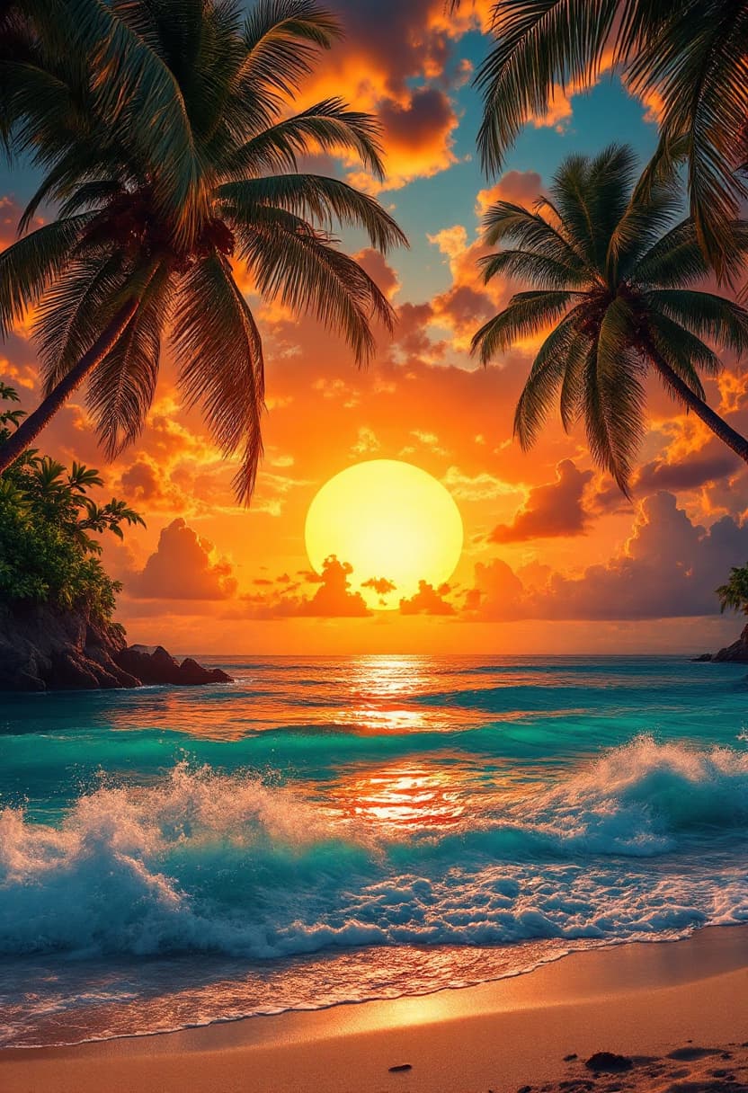 AI generated: A stunning tropical beach at sunset, with the sun seemingly large floating in the ocean, emitting a ...