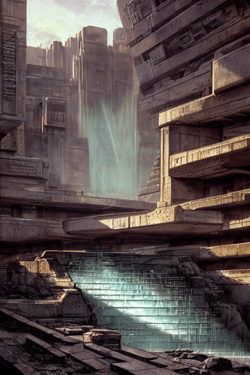 AI generated: river canal in ruined apocalyptic sci-fi city, stone plazas, stone steps, temples, sci-fi military s...