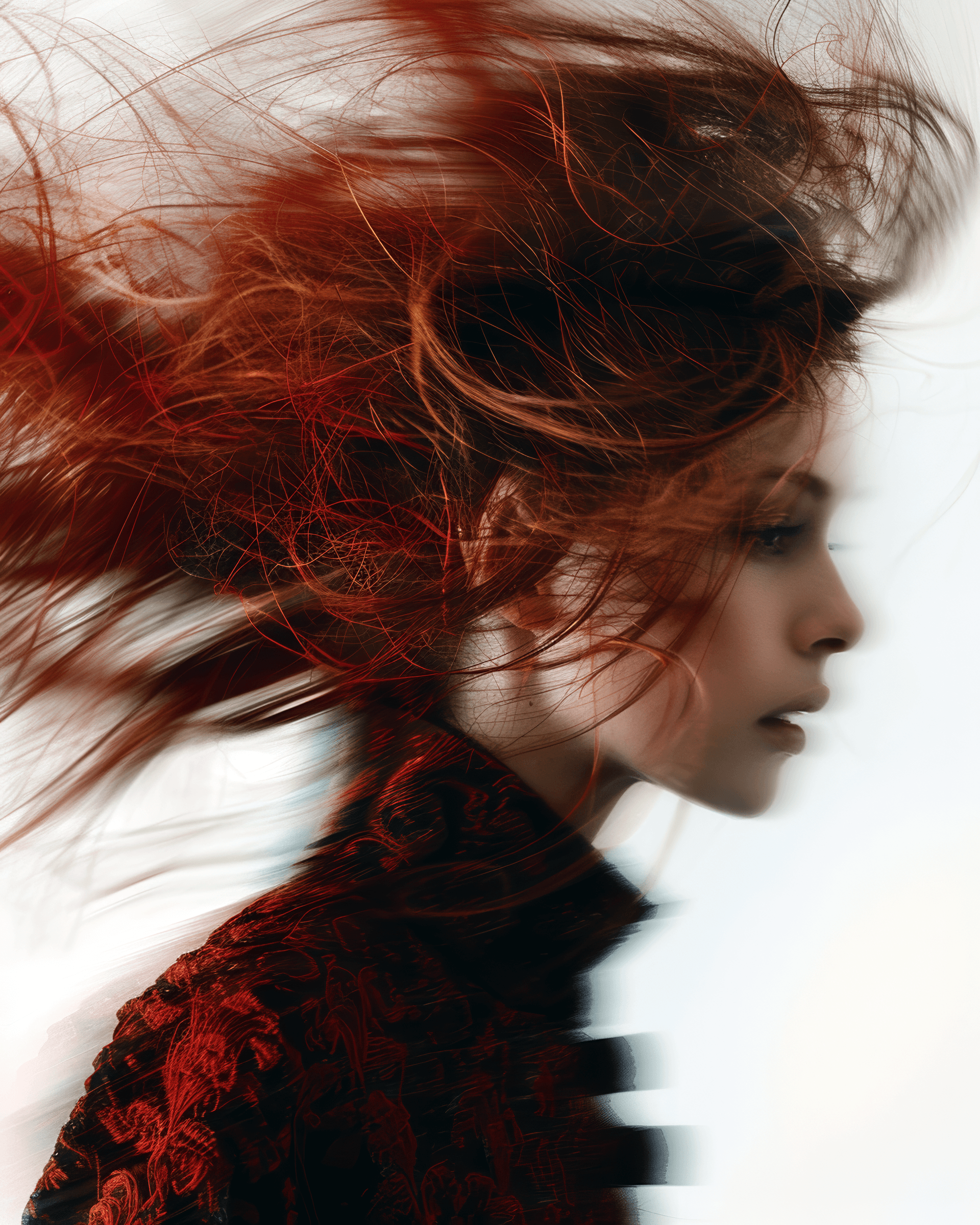 AI generated: A beautiful danish female fashion model posing in a atonishing movement. a natural, blurry, ABSTRACT...
