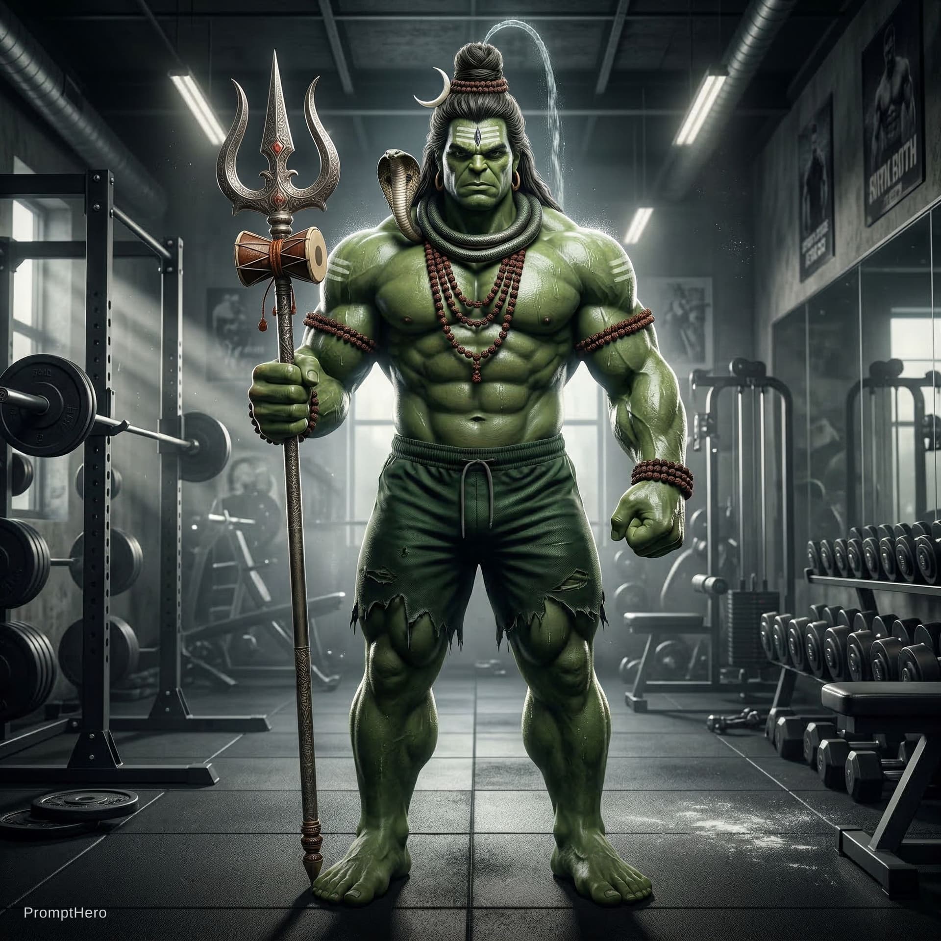 AI generated: Hulk but Lord Shiva, Indian mythology, one piece character, symmetric body, wielding a trishula, ful...