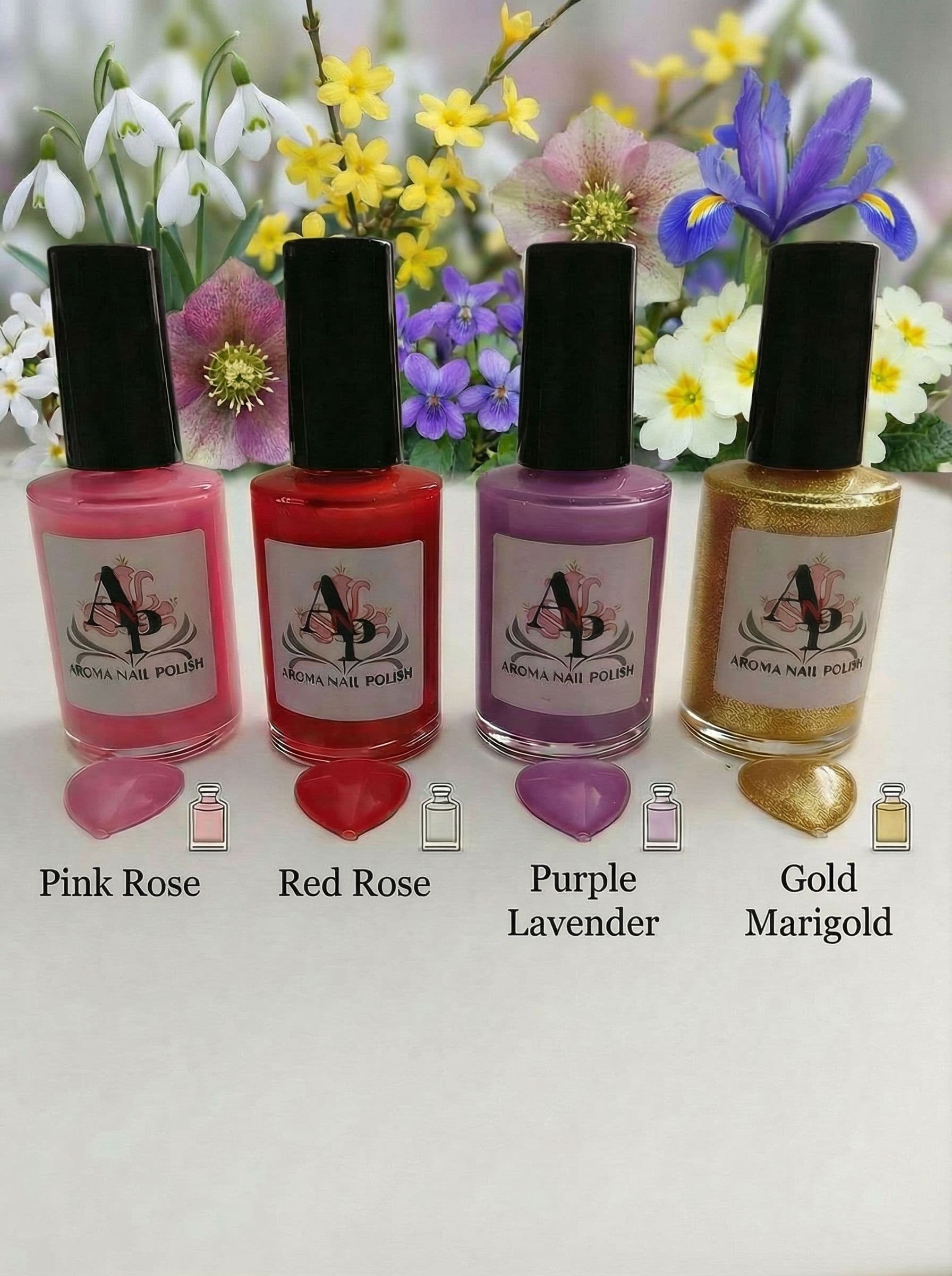 AI generated: Can you add the names by the bottle?Colors Pink Rose
Red Rose 
Purple Lavender 
Gold Marigold