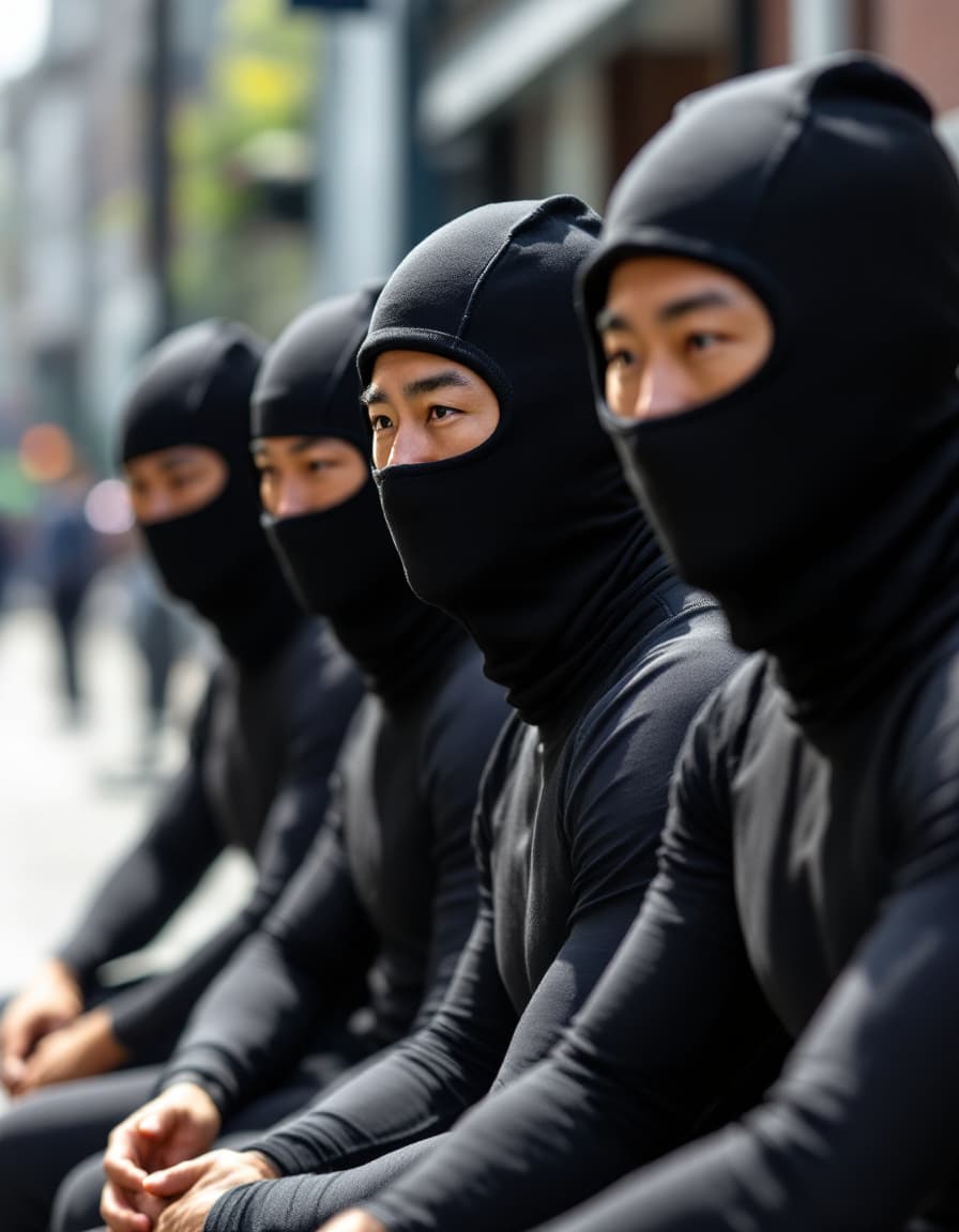 AI generated: Four male Asian Chinese strong athletes wearing compression jammers were arrested in day time. They ...
