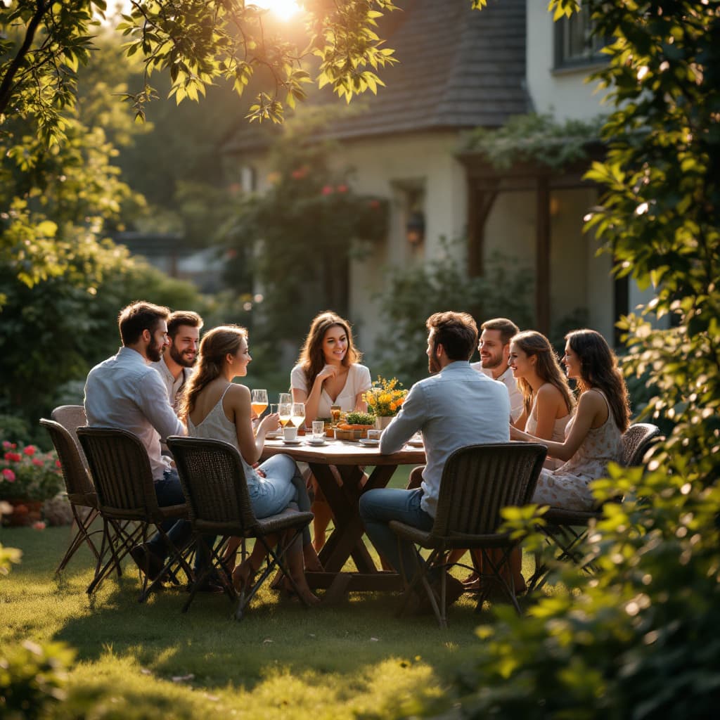 AI generated: Several people socializing, in the yard, around a table, in the morning  (work of art) (best quality...