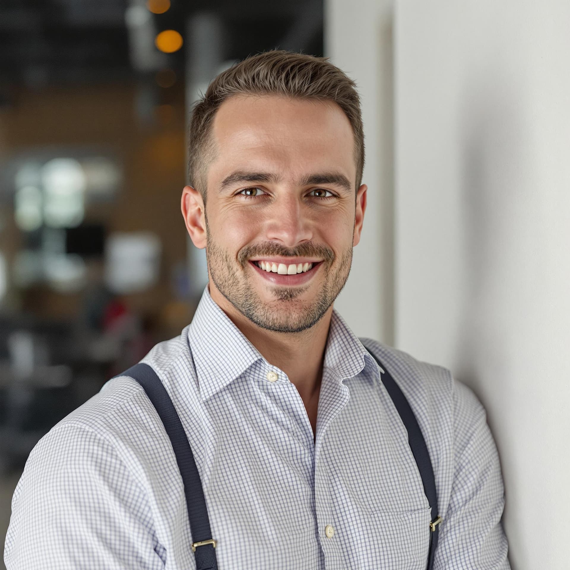 AI generated: clean shaven business man posing against office background