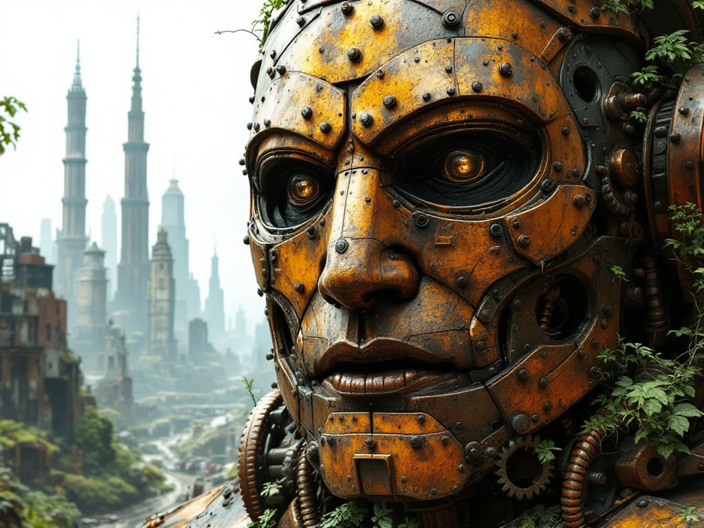 AI generated: detail of the face made of metal. the metal is hard and forms the plates with which the face is comp...