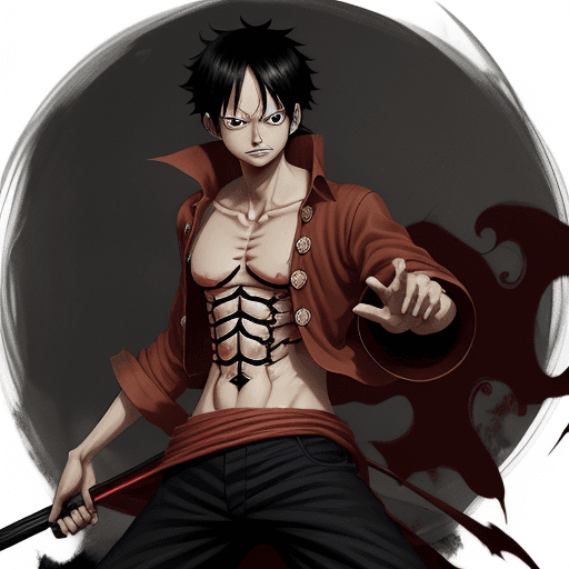 AI generated: a painting of luffy of one piece, samourai, dark in halloween style, red eyes, with a dark manor and...