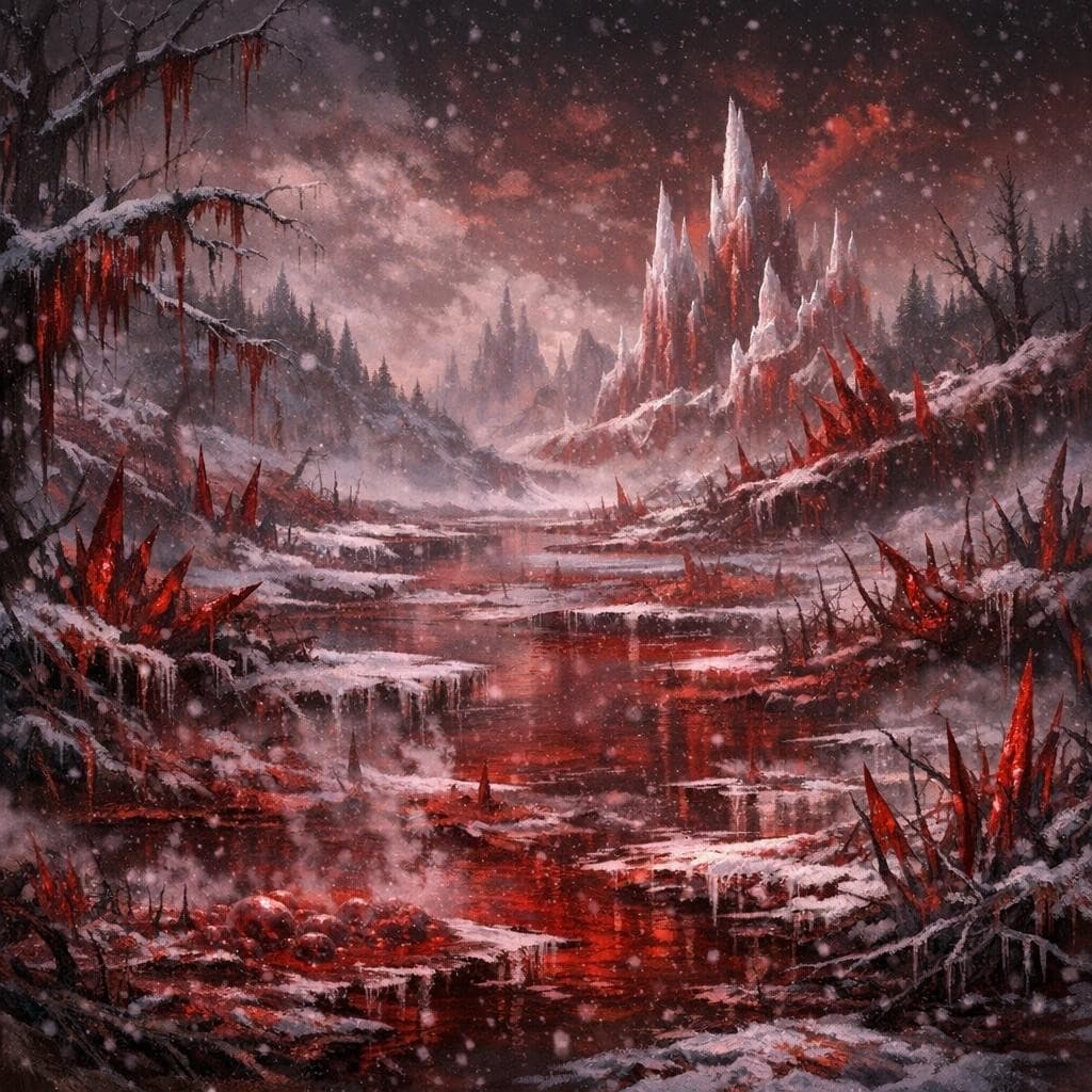 AI generated: Create a unique environment/Biome of a Ice Blood → The Crimson Marsh