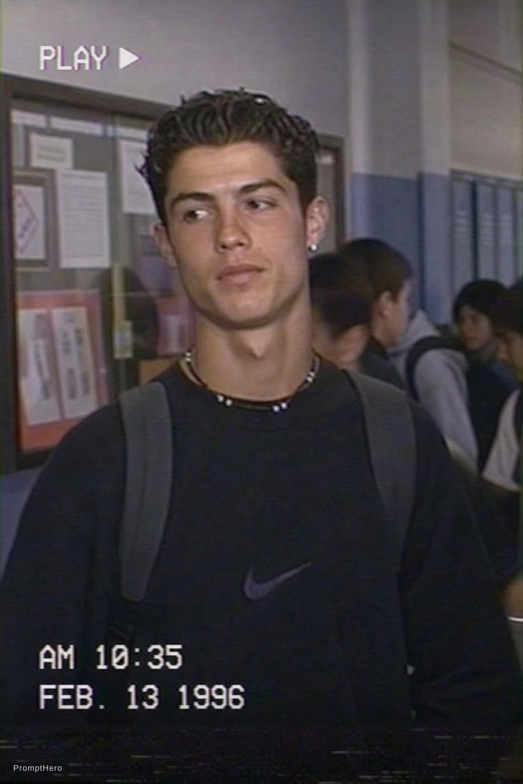 AI generated: Image of Cristiano Ronaldo from a VHS camcorder recorder in a highschool in Feb of 1996. Same grain ...