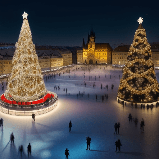 AI generated: create an image of ice skating in prague city center in christmas, with a christmas tree and santa
