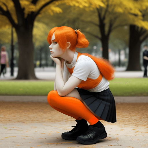 AI generated: "An artistic composition featuring a person with orange hair casually squatting in a park, capturing...
